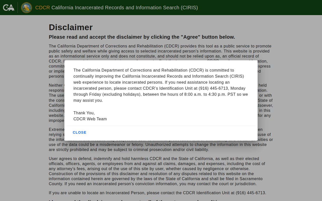 California CIRIS state custody search used after a Mariposa County arrest