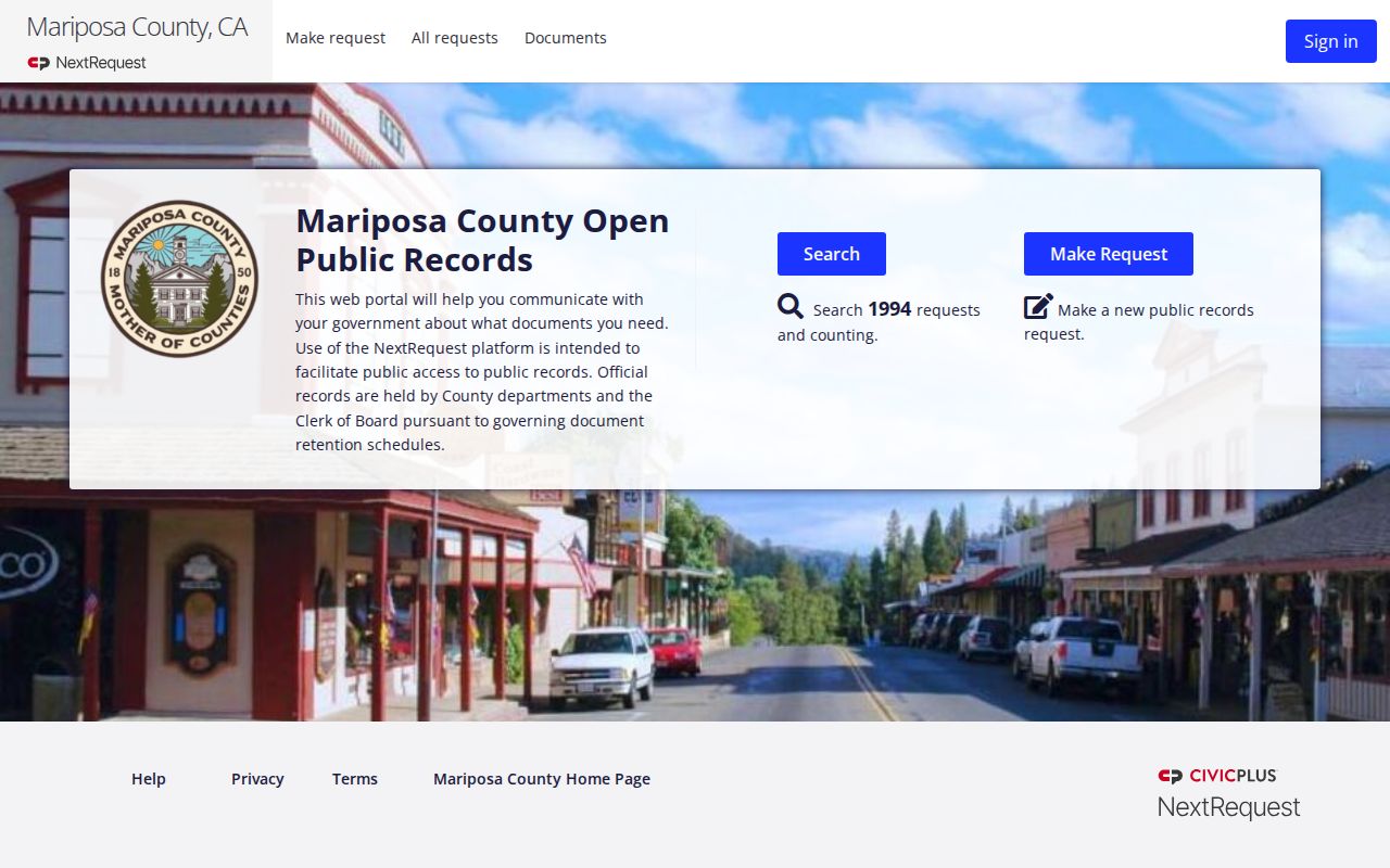 Mariposa County NextRequest public records portal for Lake Don Pedro arrest record requests
