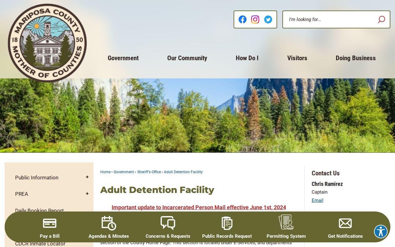 Mariposa County Adult Detention Facility arrest custody information page