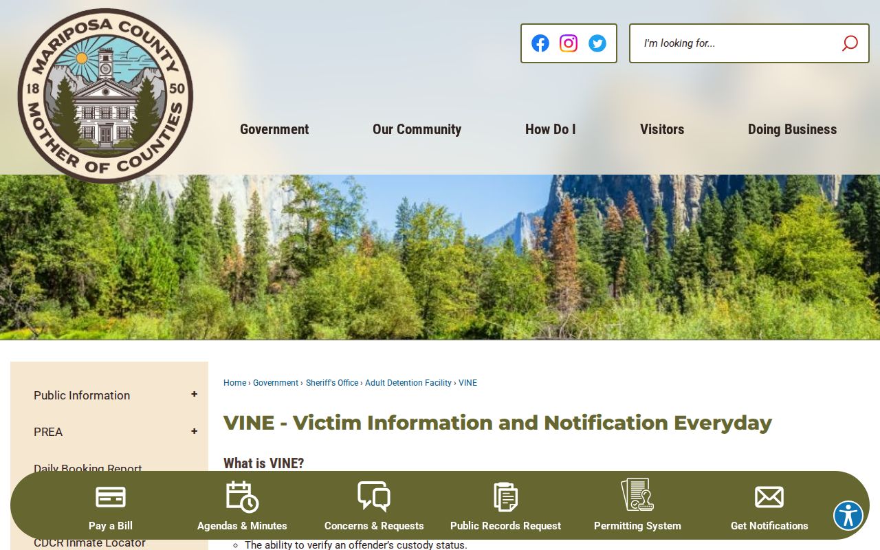 Mariposa County VINE instructions for custody searches and alerts
