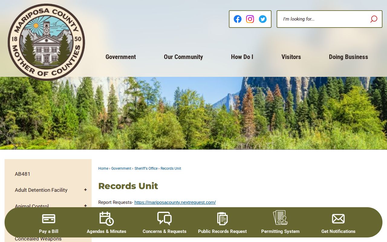 Mariposa County Sheriff Records Unit arrest report request page