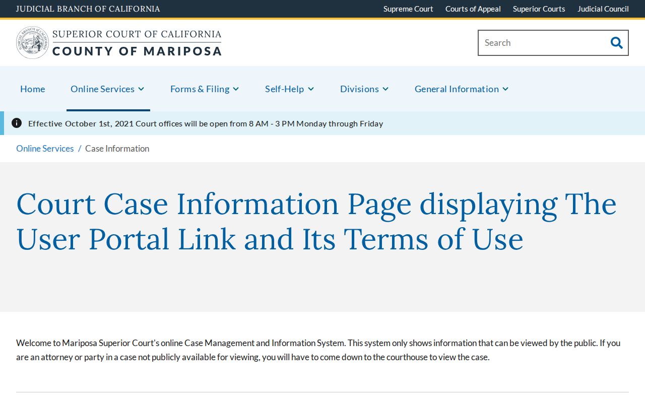 Mariposa Superior Court public case information page