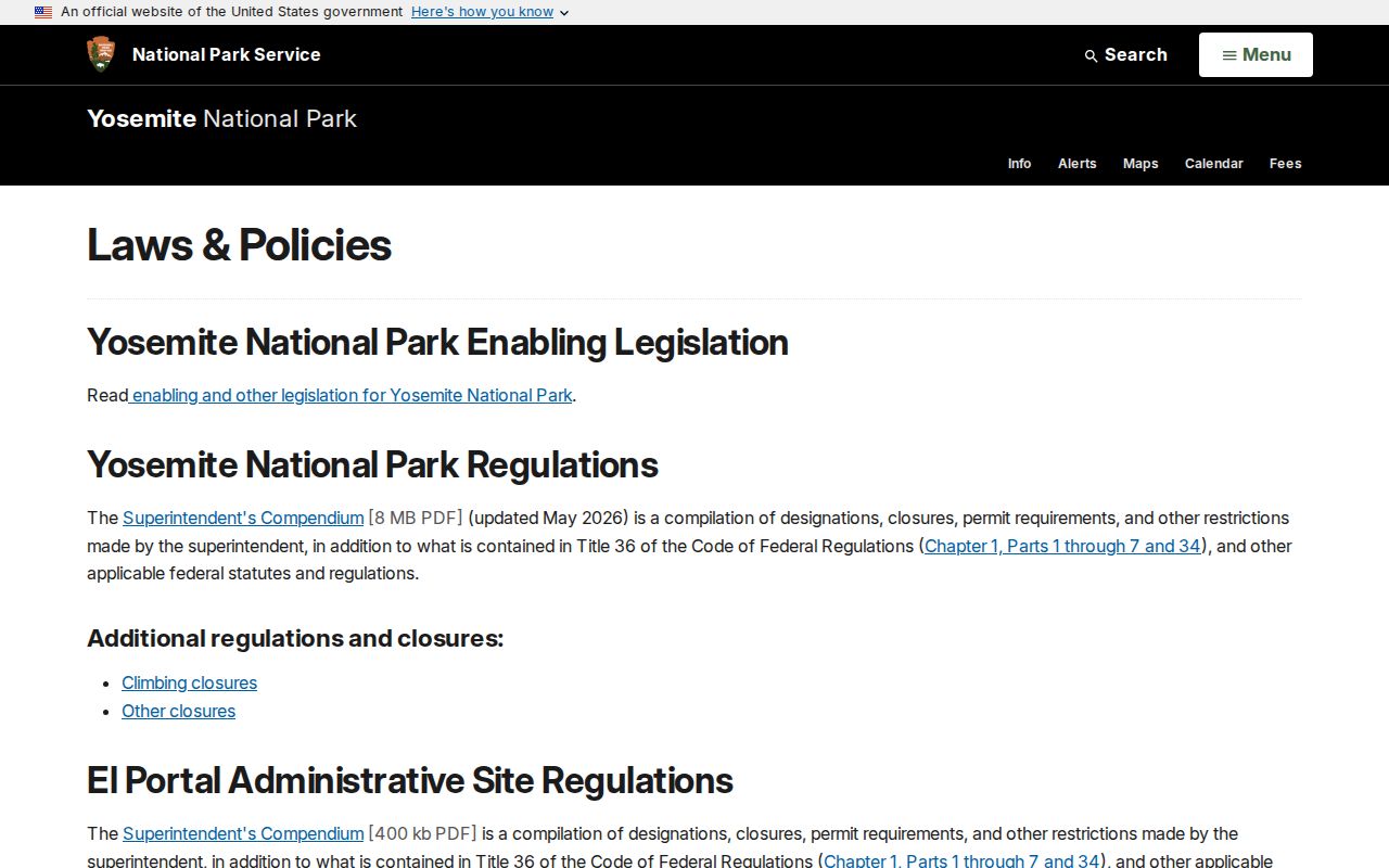 National Park Service Yosemite laws and policies page relevant to Yosemite Valley arrests