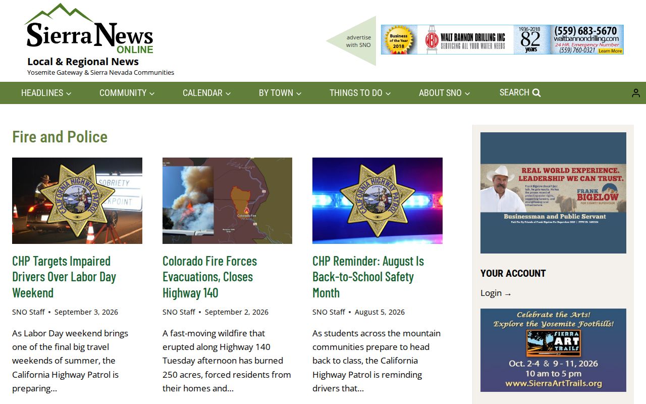 Sierra News Online Fire and Police section with selected regional stories