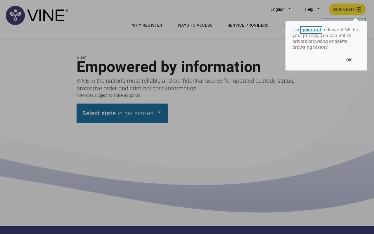 VINELink custody search interface for selecting a state and finding a person